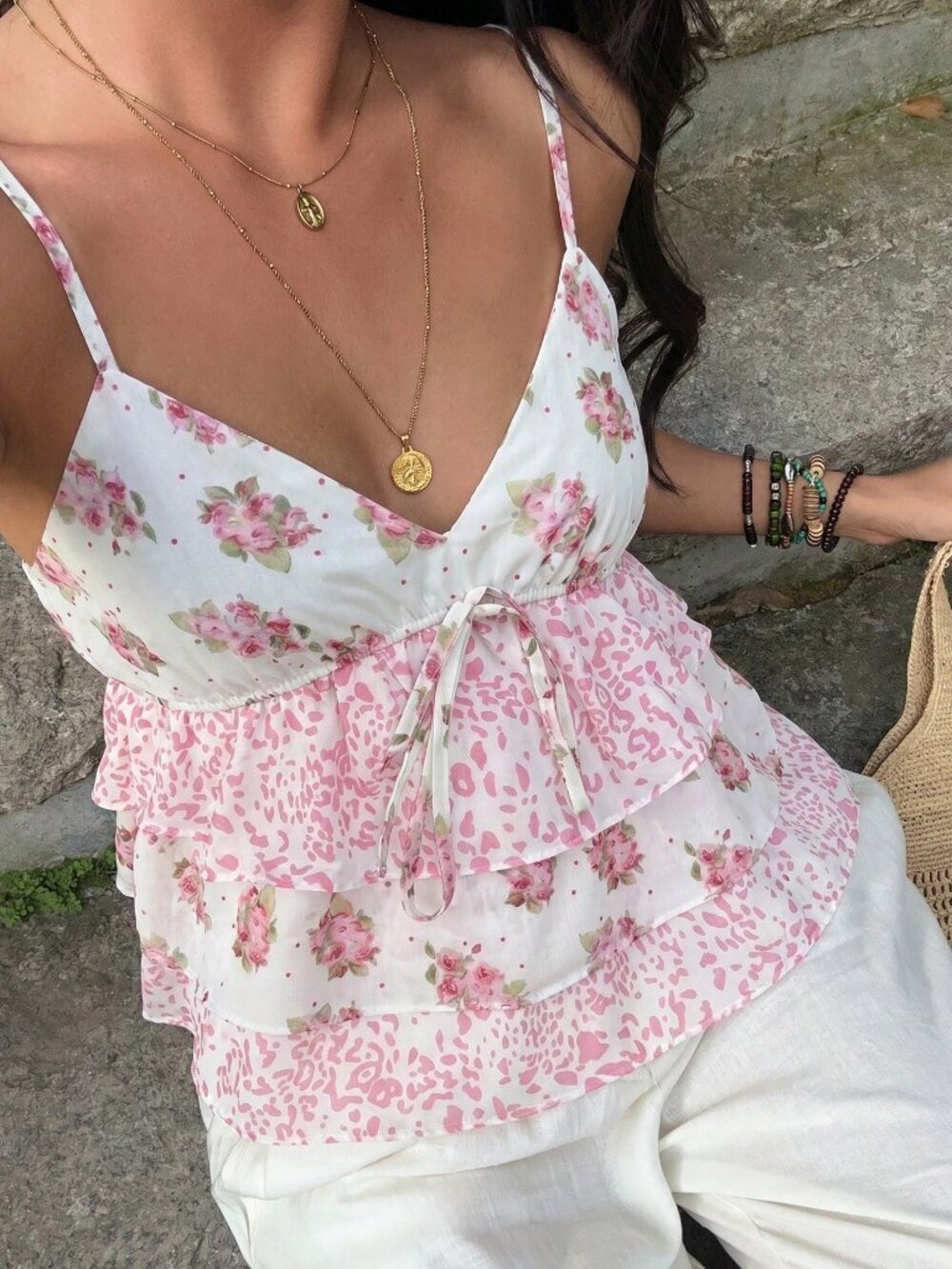 Pink Boho Women's Deep V-Neck Bow Tie Strap Camisole